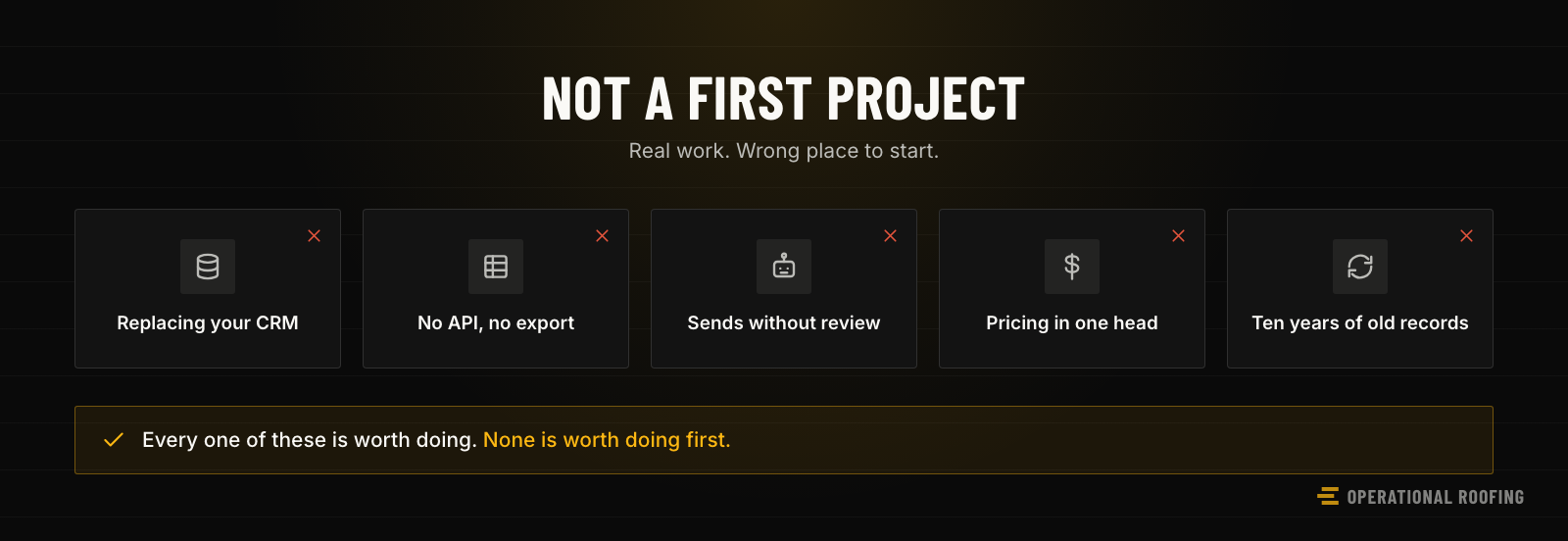 A checklist of what does not make a good first AI project — replacing a CRM, ends with no API, sending without review, pricing that lives in one person's head, migrating a decade of records.