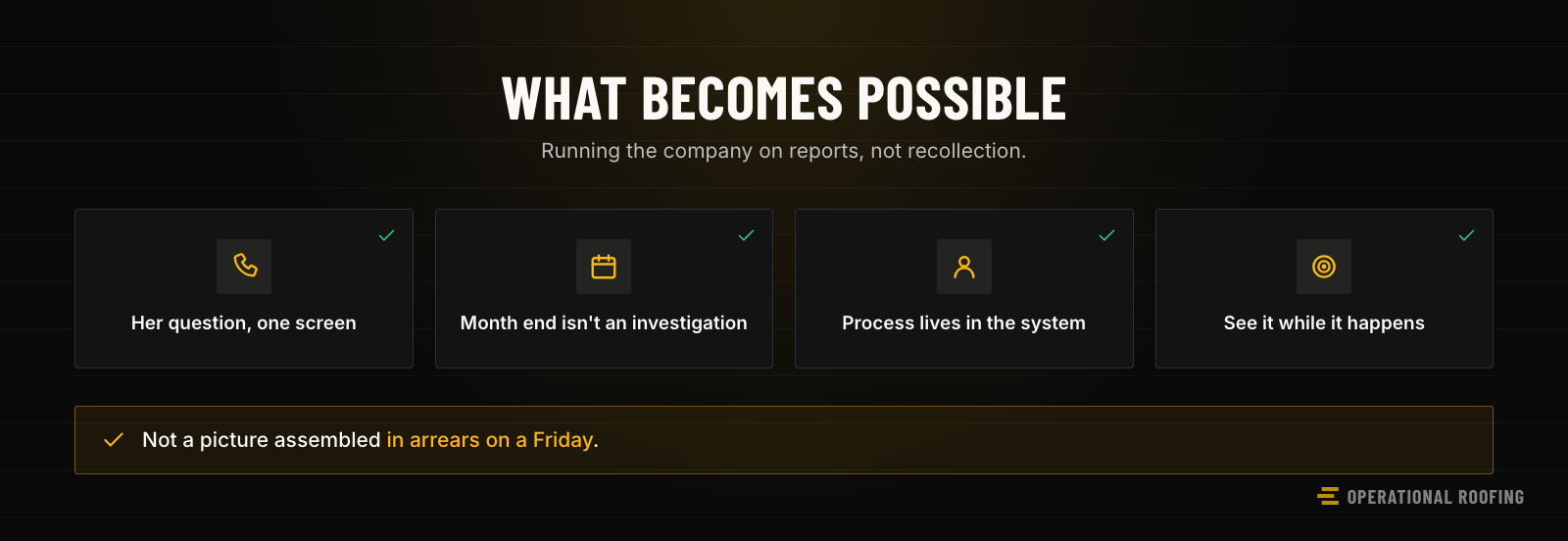 A checklist of what becomes possible with a single system — one screen answers a customer question, month end stops being an investigation, process lives in the system rather than in people, and the business is visible while it happens.